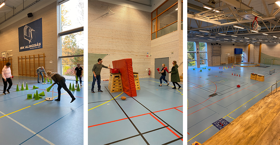 Personer i gymnastiksal som gör aktiviteter med koner och bollar