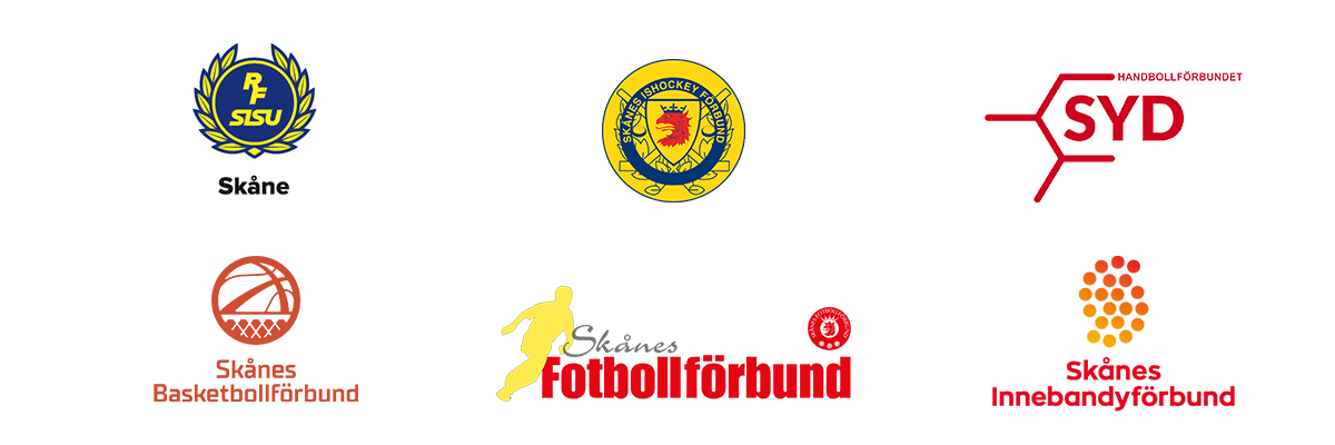 Logotyper med Skånes ishockeyförbund, Skånes fotbollsförbund, Skånes Ridsportförbund, Skånes Innebandyförbund samt RF-SISU Skåne och Skånes Bsaketbollförbund