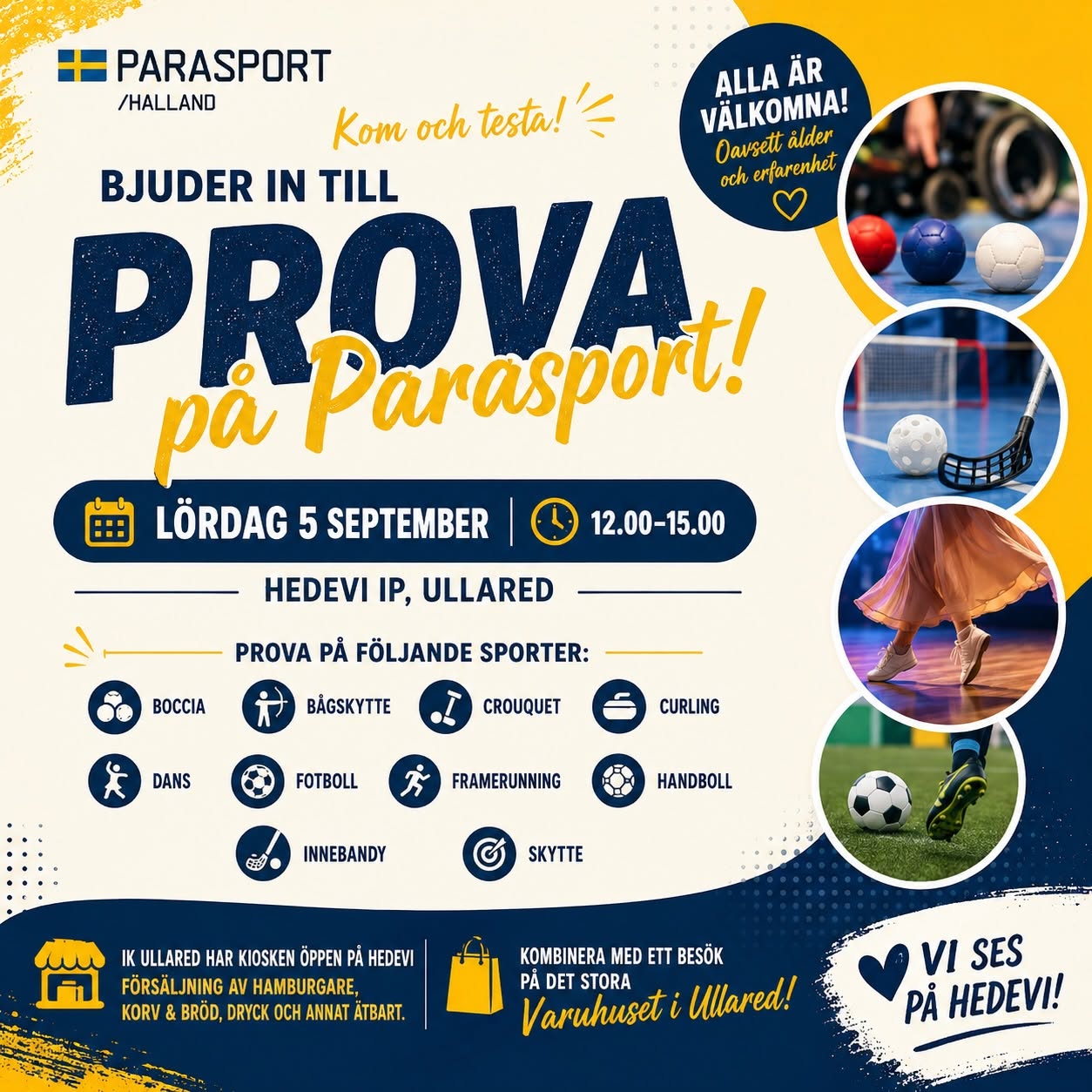 En affisch med texten "Prova på Parasport!". Datum och tid: "Lördag 5 September, 12.00–15.00".