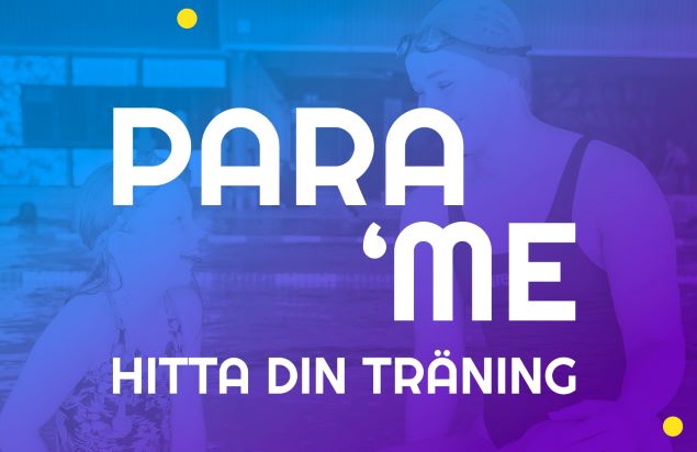 En person simmar i en pool. Texten visar ”PARA ’ME” och ”Hitta din träning”.