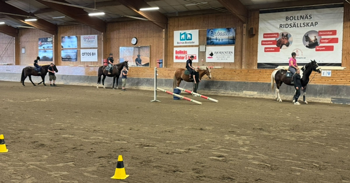 Fyra ryttare på varsin häst i ett ridhus